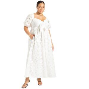 ELOQUII Women's Plus Size White Eyelet Tie Front Maxi Dress